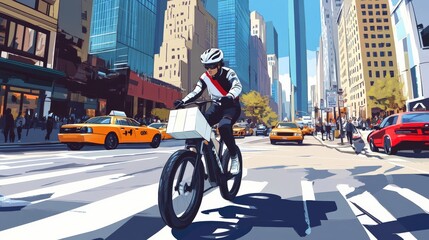 Cyclist Navigating Busy City Street with Parcel
