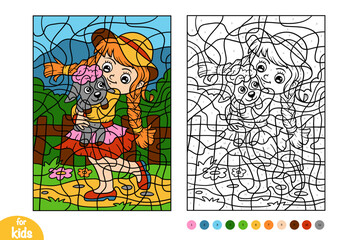 Color by number, education game for kids, Cartoon girl and sheep