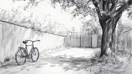 Obraz premium Black and White Sketch of a Bicycle in a Backyard