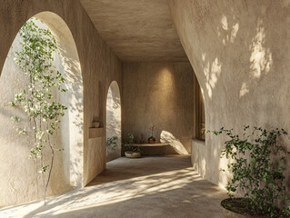 Fototapeta premium modern beige minimalist interior design with natural light and greenery