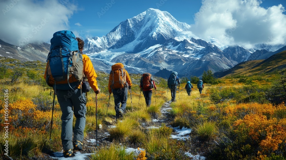 Poster a group of adventurous hikers trek along a scenic mountain path adorned with colorful foliage, appro