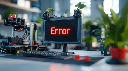 Computer screen error display in a modern workshop environment with 3d printer