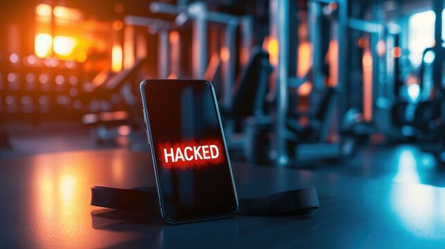 Smartphone in gym locker room displays 'hacked' message amidst equipment