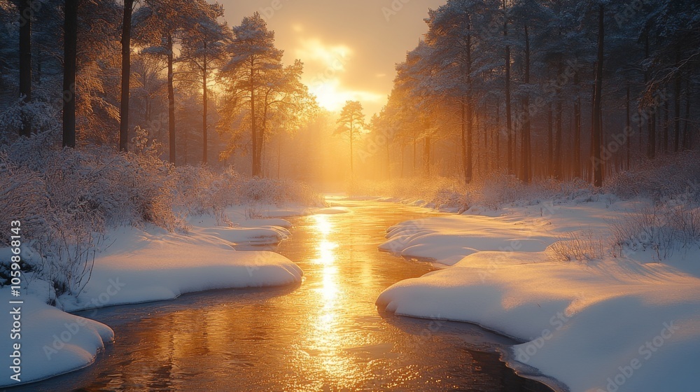 Poster the sun sets over a peaceful river, casting golden reflections on the water. snow blankets the banks