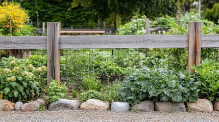 A sturdy wooden fence encloses lush green garden beds, showcasing a variety of thriving plants in a tranquil outdoor area. Generative AI