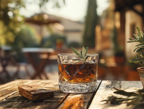 A bittersweet italian herbal liqueur served in a rustic glass capturing the essence of traditional craftsmanship and nature's bounty