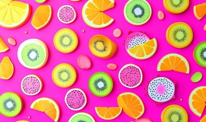Colorful assortment of fruit slices on a vibrant pink background for design or decoration.