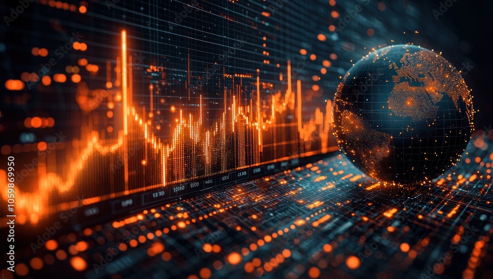 Poster A glowing Earth orb and a digital stock chart display