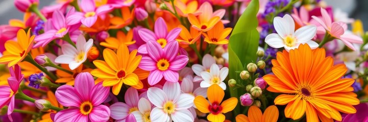 Fototapeta premium A close-up shot of a vibrant bouquet of assorted flowers in full bloom, including roses, daisies, and tulips, flora, garden