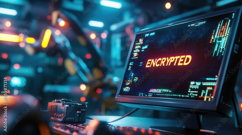 Poster Industrial control monitor displaying encrypted message in a high-tech environment