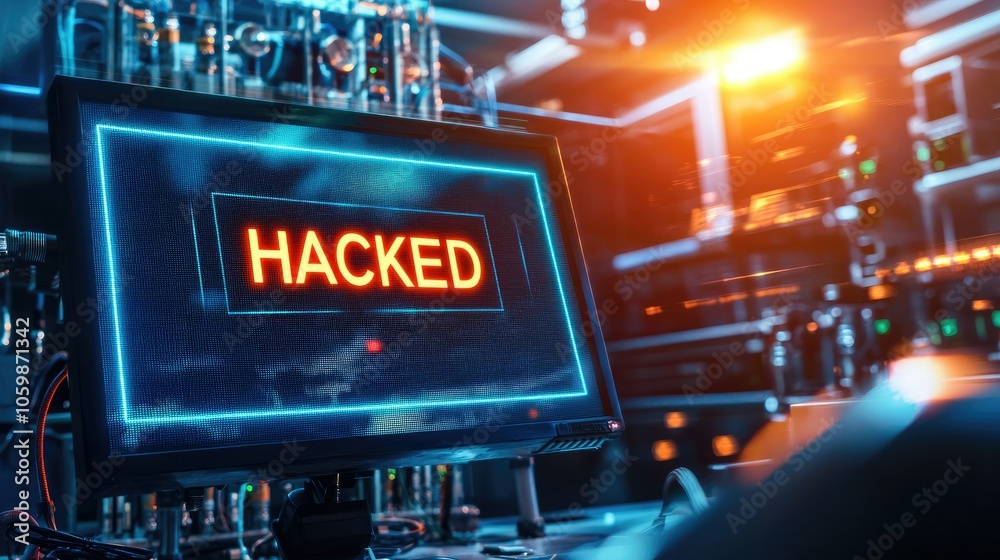 Poster industrial control room breach computer monitor displays hacked warning