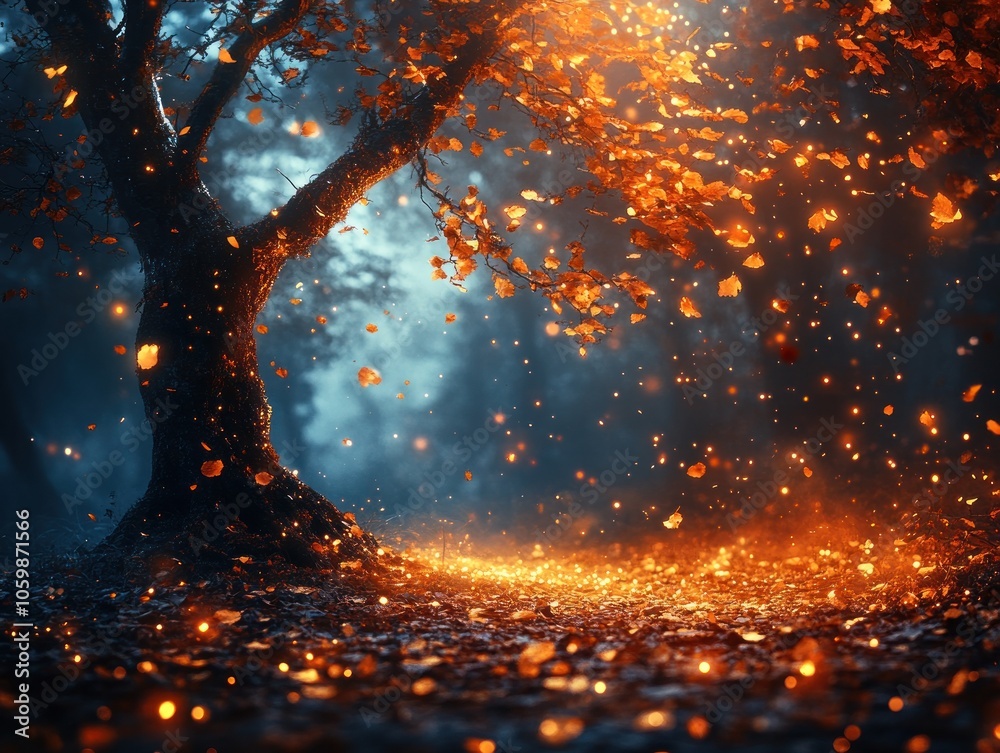 Poster enchanting tree with glowing autumn leaves and bokeh lights