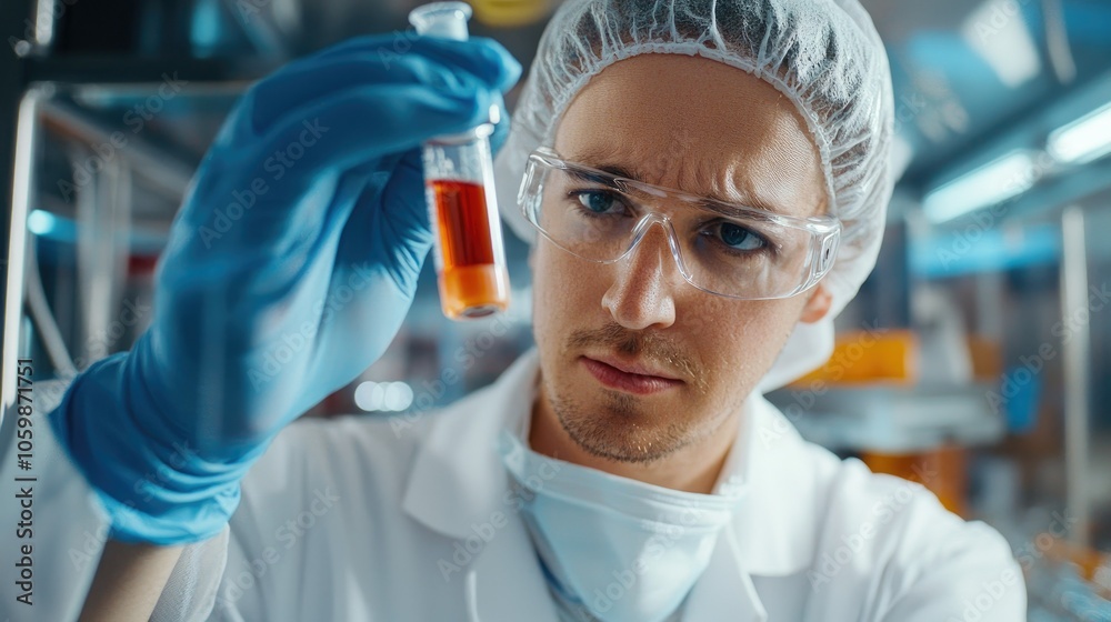 Aufkleber phlebotomist examining blood sample in laboratory with standard scale focus