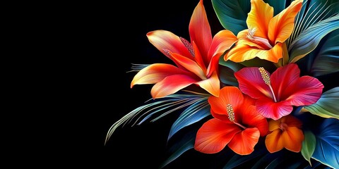 Fototapeta premium A vibrant and colorful bouquet of tropical flowers on a black background. This beautiful arrangement showcases bold petals and lush greenery. Ideal for floral designs, websites, or prints. AI