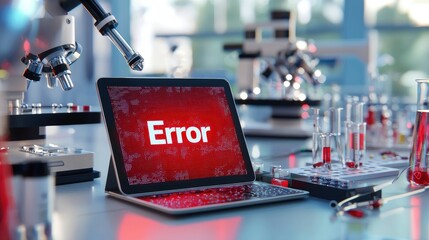Error displayed on tablet in medical lab surrounded by testing instruments