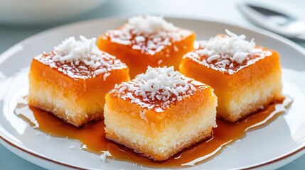 Delicious closeup of basbousa with syrup and coconut garnish on plain background