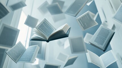 Obraz premium 2410 80.Hardcover books float in mid-air against a crisp white background, their pages open as if caught in mid-flight. The scene captures the sense of motion and creativity, with the books seemingly