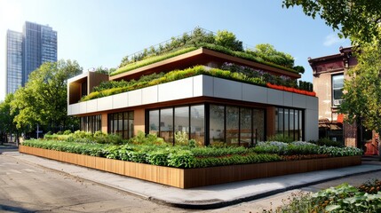 Obraz premium Innovative architectural design featuring rooftop gardens and natural ventilation for sustainable urban living