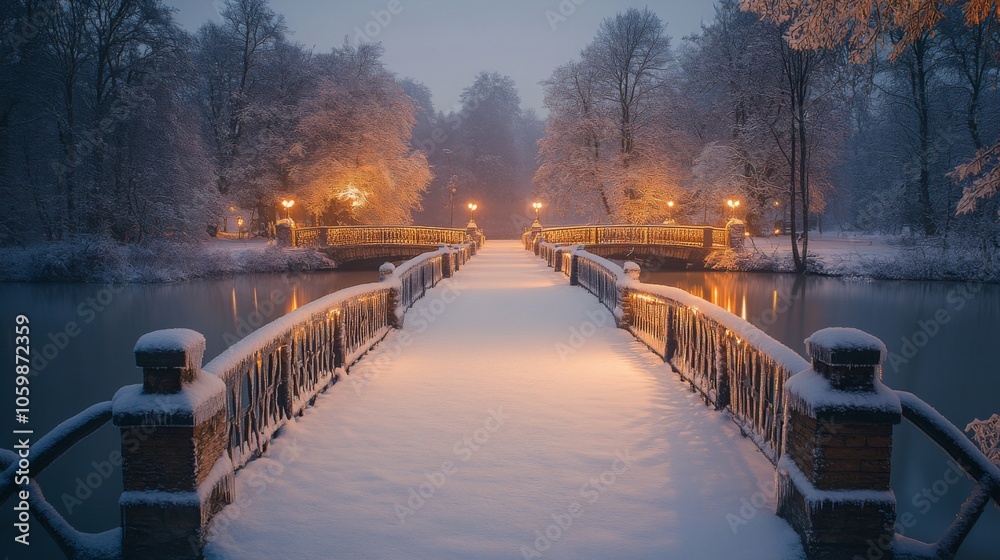 Aufkleber a serene winter evening showcases a snow-covered bridge adorned with glowing lights, leading through