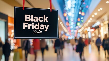 Exciting huge black friday sale banner captivating shoppers in a busy mall atmosphere