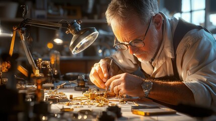 Skilled goldsmith using magnifying glasses on a delicate standardscale design
