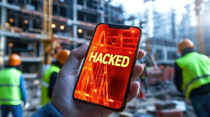 Smartphone shows hacked message amid construction site chaos and workers' concerns