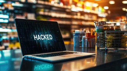 A disturbing scene a laptop displaying a 'hacked' message in a retail store highlighting vulnerabilities in modern technology and security