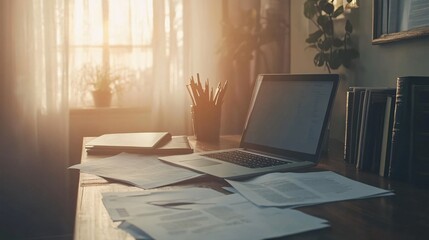 Fototapeta premium 2410 91.A laptop placed on a wooden work desk at home, with documents spread out next to it. The soft natural light from a nearby window illuminates the workspace, creating a comfortable and cozy