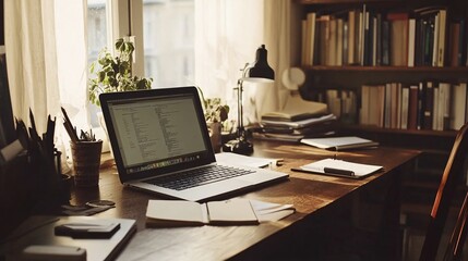 Fototapeta premium 2410 93.A laptop sits open on a wooden desk in a comfortable home office setup, surrounded by scattered documents and notes. The light streaming in from the window softly illuminates the space,