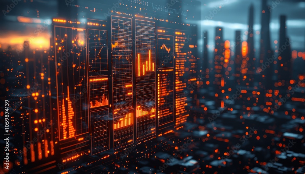 Aufkleber futuristic cityscape with glowing digital interface and data visualization