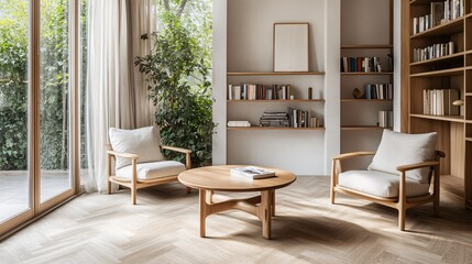 Fototapeta premium 2410 4.A minimalist Scandinavian living room featuring a wooden round table positioned next to a large window, wooden armchairs with soft fabric cushions, and a bookshelf holding various books and