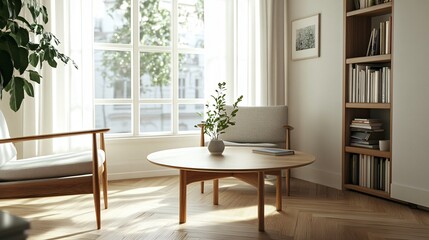 Fototapeta premium 2410 4.A minimalist Scandinavian living room featuring a wooden round table positioned next to a large window, wooden armchairs with soft fabric cushions, and a bookshelf holding various books and
