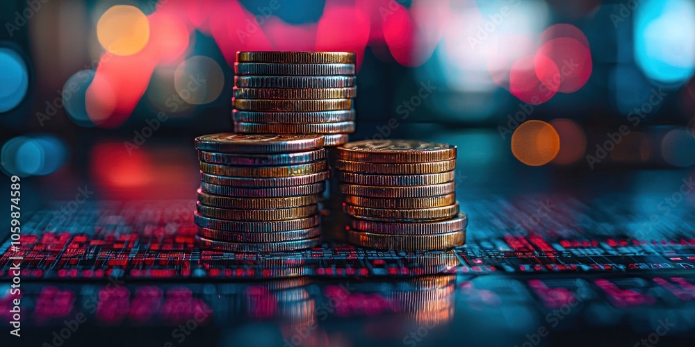 Aufkleber gold coins stacked on a shiny surface with red and blue bokeh