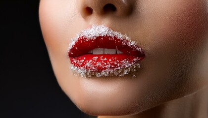 Obraz premium Close-up of a woman's red lips covered in sugar crystals, a playful and alluring image.