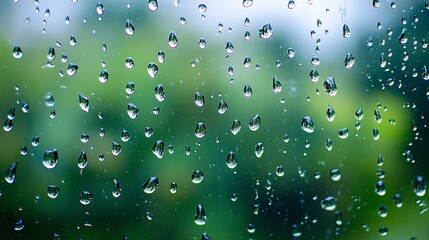 2410 122.A close-up of raindrops beading on a clear window glass, with the background softly blurred in shades of gray and green from the rain-soaked landscape outside. The drops are delicately