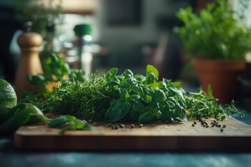 Vibrant fresh herbs artfully arranged on a wooden cutting board for culinary inspiration and cooking delight