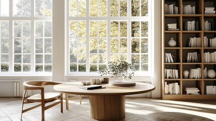 Fototapeta premium 2410 3.A well-lit Scandinavian living room with a round wooden table set near a large window. The space is filled with light, showcasing wooden armchairs, a bookshelf filled with decor items and