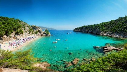 Fototapeta premium A stunning view of a secluded beach with crystal clear turquoise waters, surrounded by lush greenery and rocky cliffs.