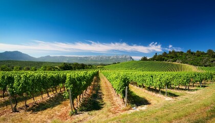 Obraz premium Vineyard rows stretch towards a mountain range under a bright blue sky.