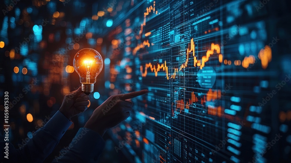 Aufkleber A glowing light bulb held up against a background of digital data and charts, representing a new idea or solution.