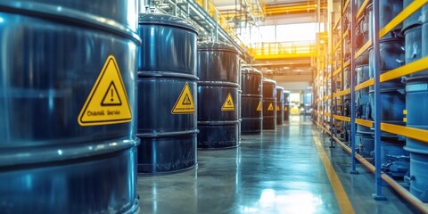 Industrial-grade chemicals in large storage tanks, labeled with safety warnings, in a factory setting