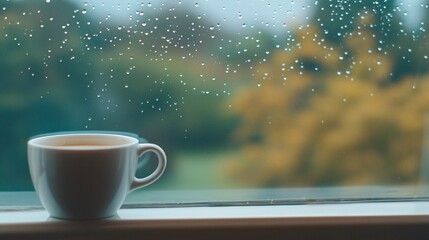 Obraz premium 2410 126.A white ceramic coffee cup sits on a windowsill, with water droplets dotting the glass behind it. The soft, blurred background outside the window shows a rain-soaked landscape, while the