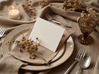 hobo-style stationary card mockup for wedding or festive season in earthy neutrals and warm browns, Scandinavian-inspired design