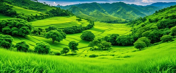 Obraz premium Lush green terraced hills and valleys with dense forests and majestic mountains