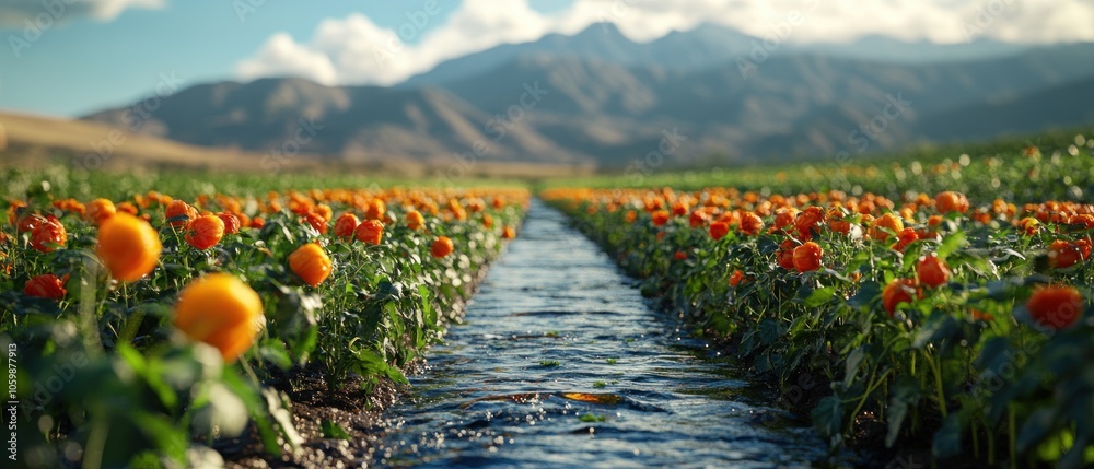 Poster a stream through a field of orange blossoms with a mountainous background