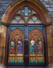 Obraz premium Ornate stained glass doors at a church entrance, featuring colorful depictions of religious figures.