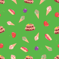 Berries and sweets will give you great taste and celebration, dessert, confectioner, sugar, vector,  isolated, background, art, food, jam, waffle cone, strawberry, cherry, currant, seamless pattern
