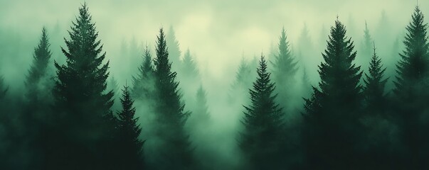 Fototapeta premium A misty forest scene with tall evergreen trees shrouded in fog, creating a serene atmosphere.