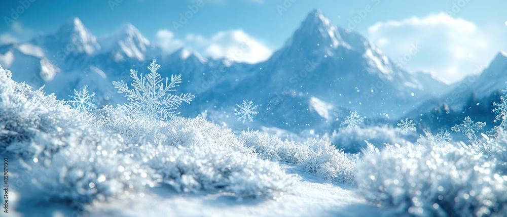 Poster a large snowflake in a snowy mountain landscape