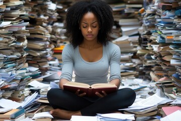 Young Woman Sitting Cross Legged in a Book Archive